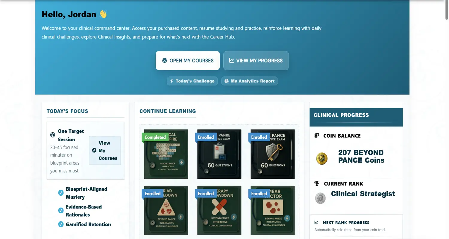 BEYOND PANCE dashboard overview with navigation, action buttons, and learning workspace