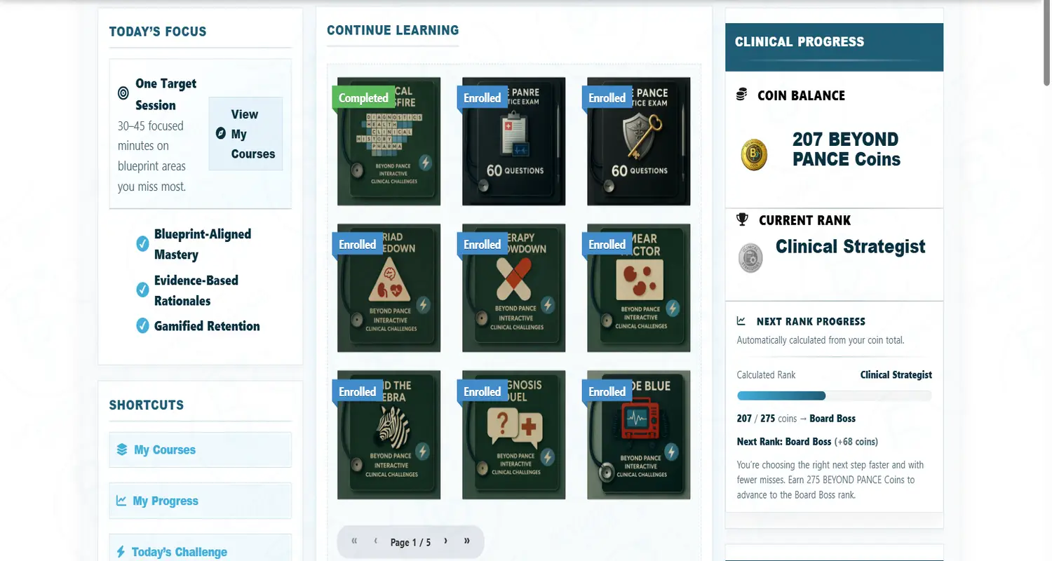 Continue learning tiles with coin balance and rank progression panel