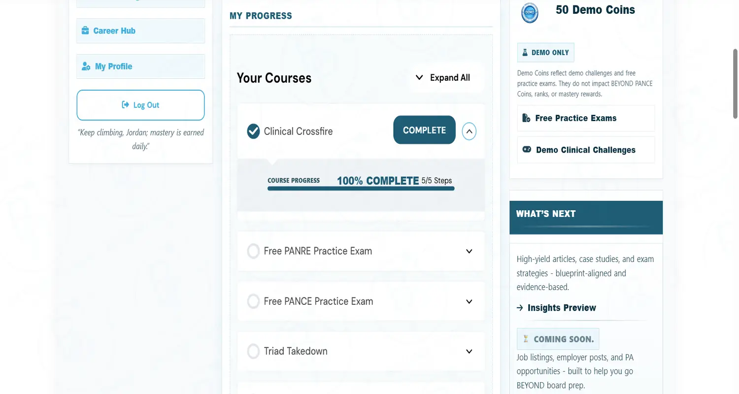 Structured course progress view displaying lesson list, completion percentages, and step-by-step tracking