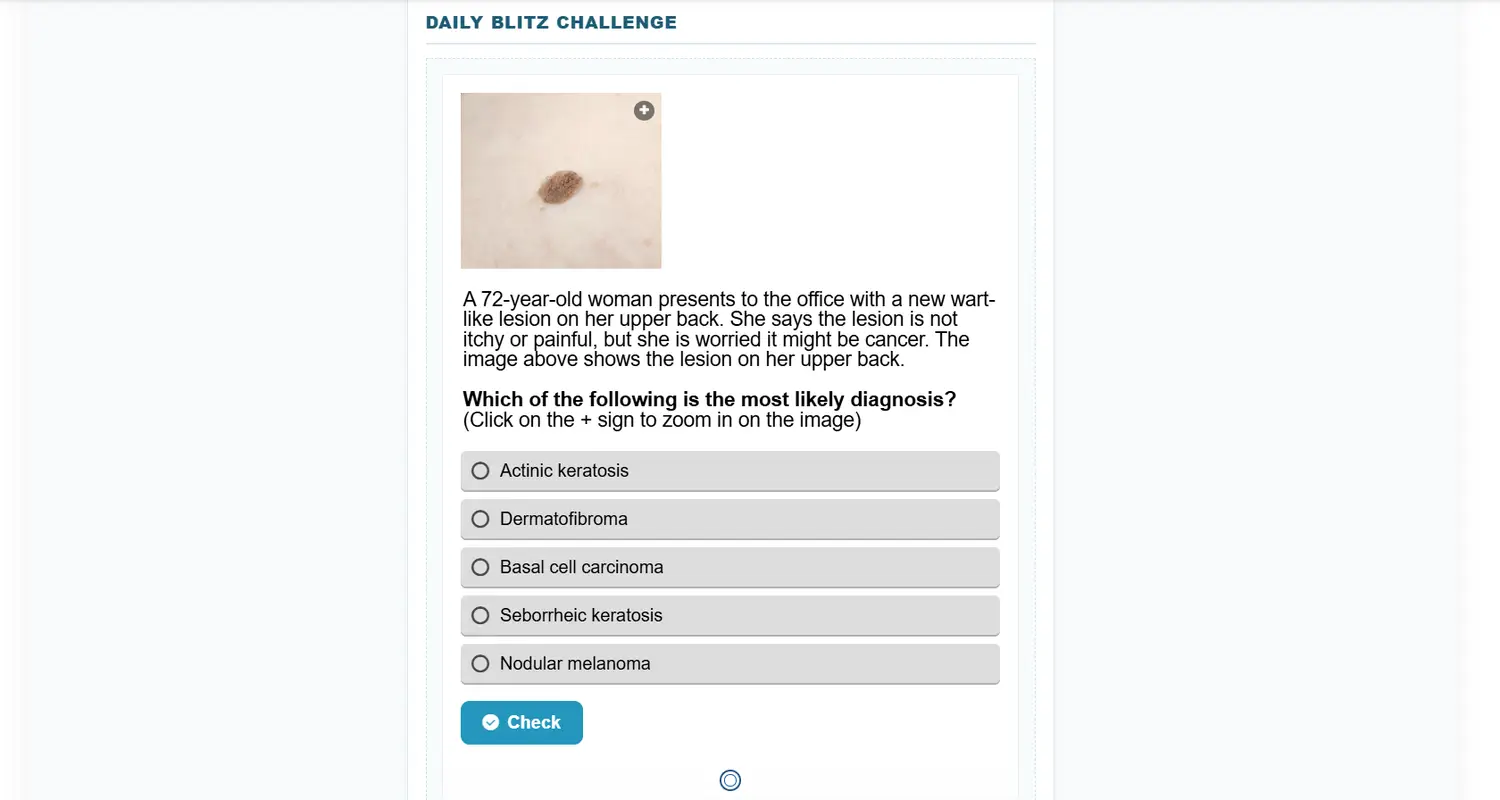 Daily Blitz clinical challenge with image-based question and multiple-choice answers