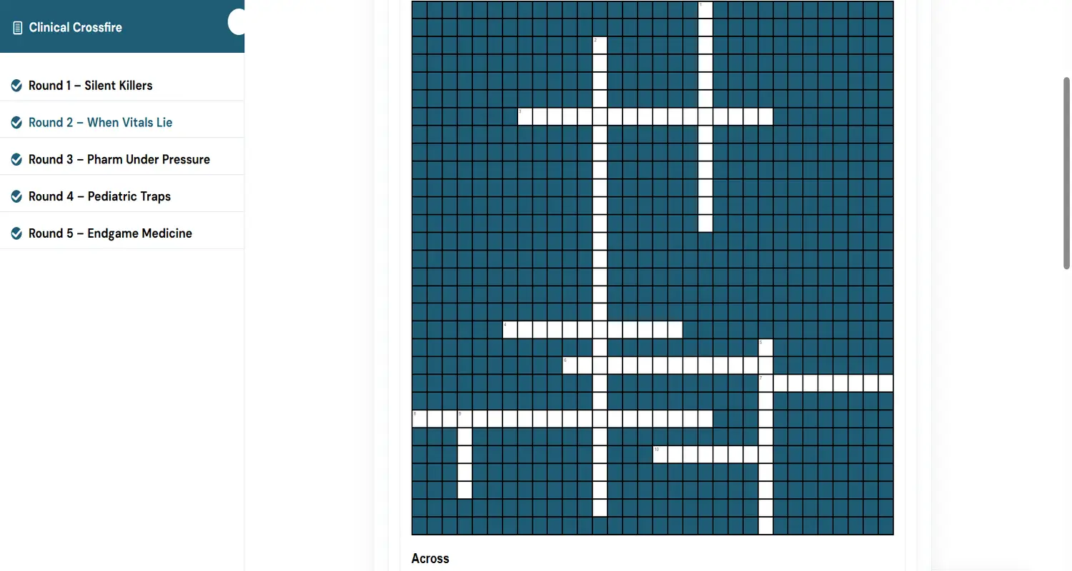 Clinical Crossfire interface with multi-round navigation and interactive medical crossword grid