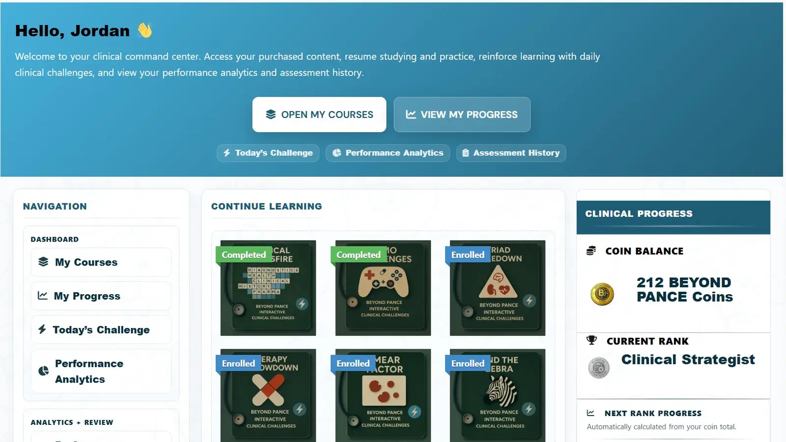 BEYOND PANCE dashboard command center with personalized welcome header, navigation, and core platform workspace