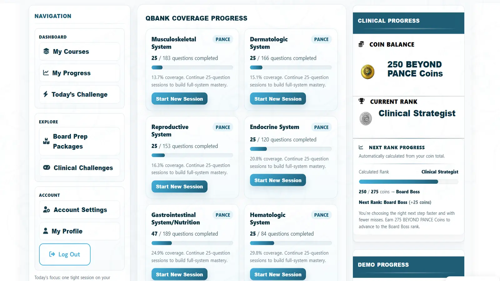 BEYOND PANCE QBank coverage progress dashboard