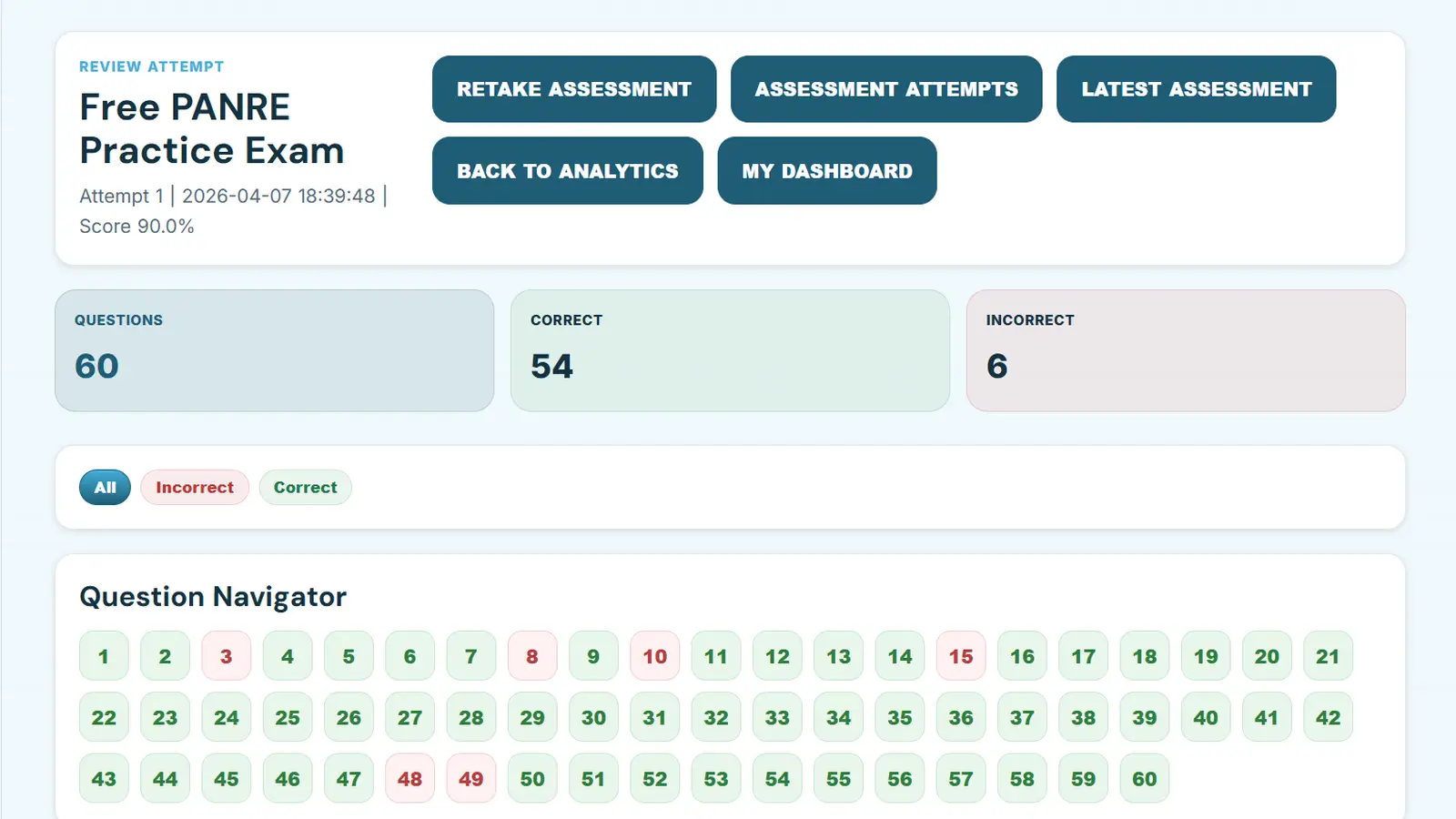 Question-level navigator and review table showing answer history, system, task category, and review controls